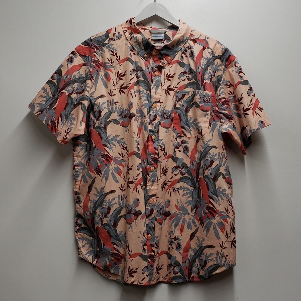 Columbia Hawaiian Shirt Men’s XL Button Up Peach Blue Short Sleeve
